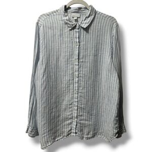 J. Jill Love Linen Blue White Striped Button Down Shirt Women's L Preppy Coastal